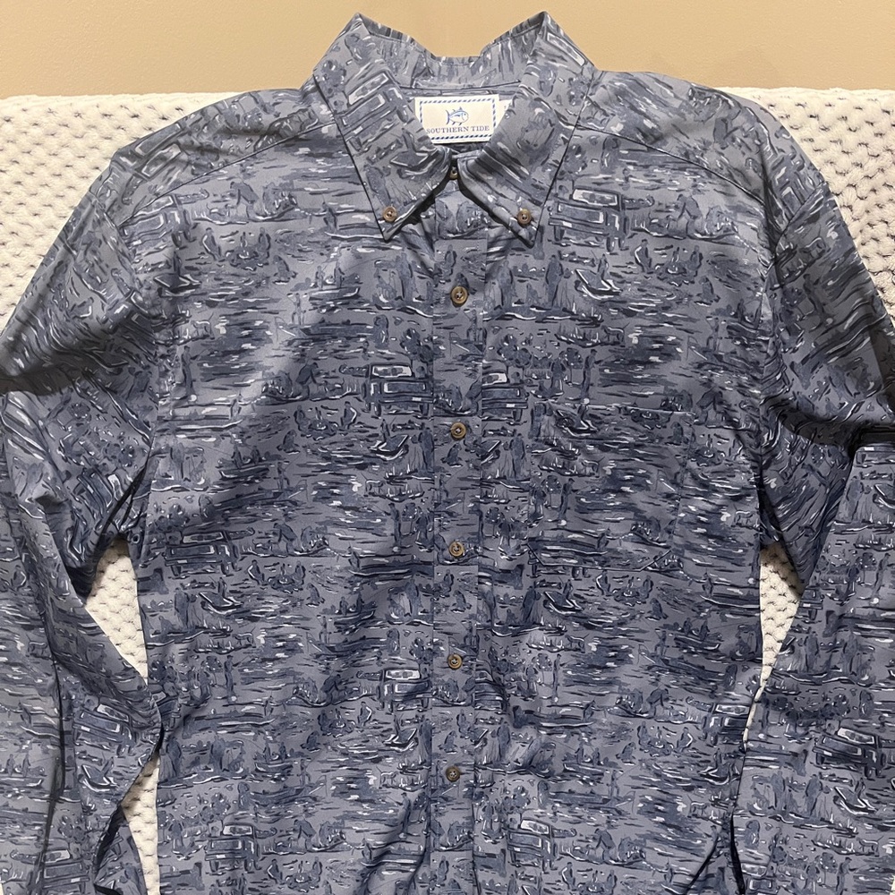 Southern Tide Men’s Long Sleeve Shirt With Outdoors Camping Theme - Size Medium
